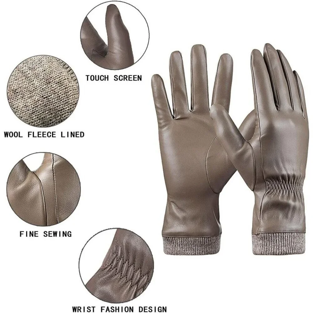 Women's Khaki Winter Leather Gloves Wool Fleece Lined Thermal Touchscreen